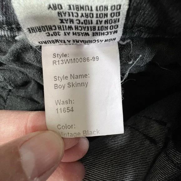 R13 Boy Skinny Jeans Women's Sz 27 Made in Italy Vintage Black Denim